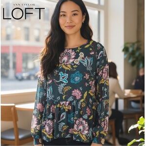 Ann Taylor LOFT Blouse Dark Teal Floral Botanical Peplum Long Sleeve | Sz S
